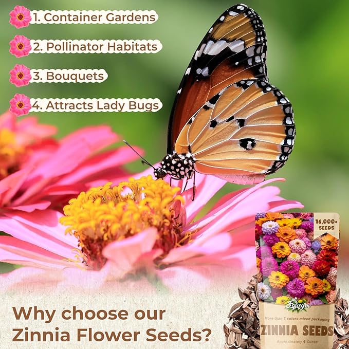 16000+ Zinnia Flower Seeds for 2026-7+ Color Mix, High Germination Rate, Perfect for Gardens, Mix Zinnia Wildflower Seeds, Mixed Colors and Large Blooms, Easy to Grow, Large 4 Ounce Packet