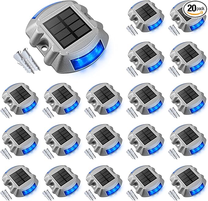 VOLISUN Solar Deck/Dock Lights, 20-Pack Led IP68 Waterproof Outdoor Warning Step Lights for Driveway Sidewalk Garden Pathway Yard (Blue, Auto On/Off
