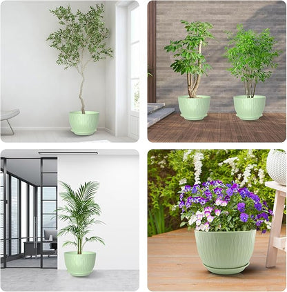 12 Inch Large Plant Pots, Flower Pots with Multi-Mesh Drainage Holes and Saucer, Plastic Planters for Indoor and Outdoor Garden Plants (Green, 12")
