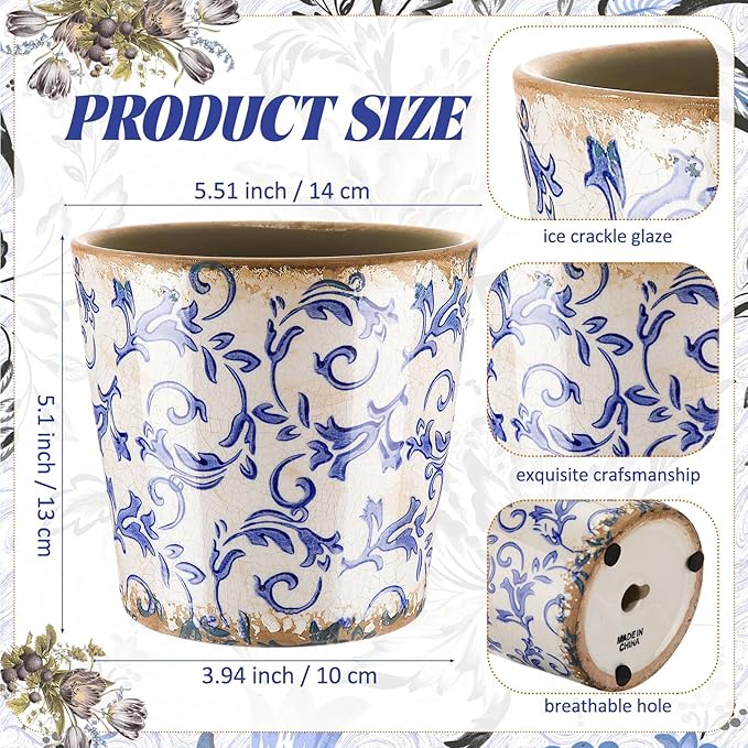 Farmhouse Ceramic Planter 5.5 Inch Large Plants Pot Crack White Blue Flowers Plant Pots with Drainage Hole Indoor Plants Kitchen Rustic Antique Decor Gift