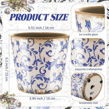 Farmhouse Ceramic Planter 5.5 Inch Large Plants Pot Crack White Blue Flowers Plant Pots with Drainage Hole Indoor Plants Kitchen Rustic Antique Decor Gift