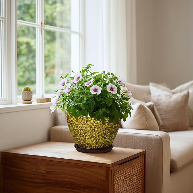 8 Inch Flower Pot - Ceramic Planters for Indoor Outdoor Plants, Round Plant Pot with Drainage Hole and Saucer, Decorative Indoor Planter, Bathroom Decor, House Warming Gifts, Yellow Leopard
