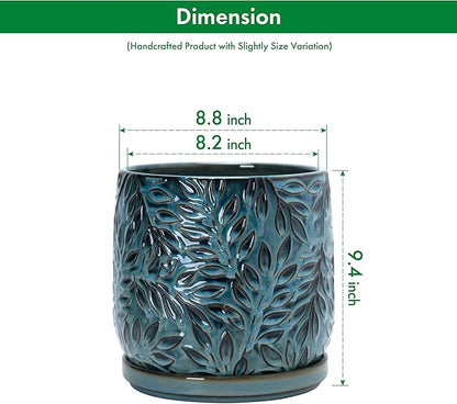 D'vine Dev 8 Inch Embossed Leaves Stoneware Planter Pot with Drainage Hole and Saucer, Ocean Teal, 27-A-Q-8