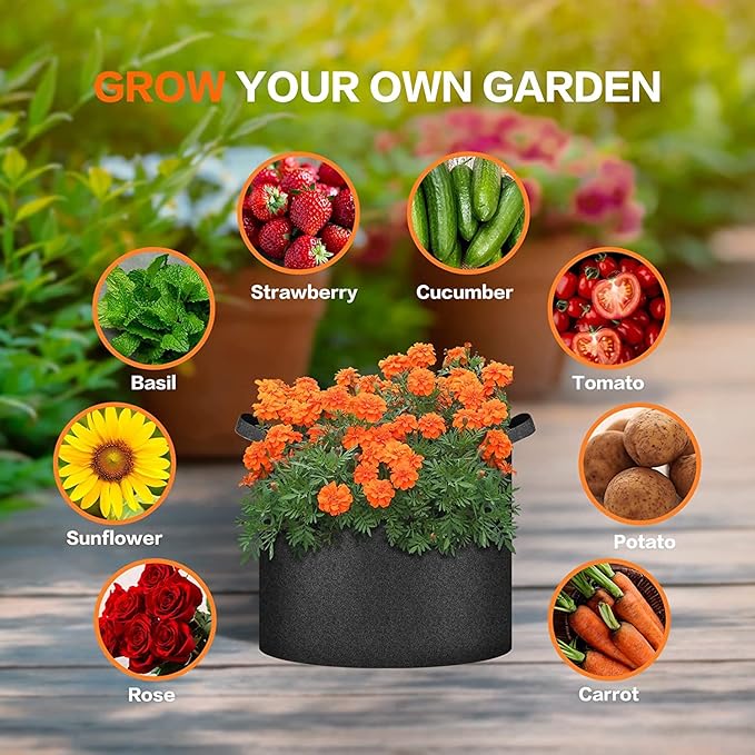iPower 10-Pack 7 Gallon Plant Grow Bags Heavy Duty Thickened Nonwoven Aeration Fabric Container Durable Pots, Strap Handles for Garden, Black