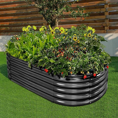 Land Guard 18“ Tall 4×2ft Galvanized Raised Garden Bed Kit, Galvanized Planter Garden Boxes Outdoor, Oval Large Metal Raised Garden Bed for Vegetables……… (Dark Grey, 4×2×1.5ft)