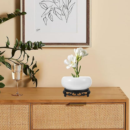 YARNOW Lotus Bowl Planter with Stand, 5.1 Inch Hydroponic Planter Bowl, Ceramic Water Lily Pot for Home Garden Office Decor