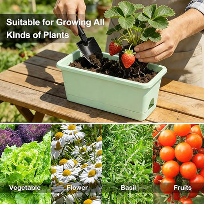 Window Box Planter 6 Packs, 13.8 Inches Rectangle Flower Pots with Drainage Holes & Trays, Pots for Vegetables, Herbs, Flowers, Garden Windowsill Balcony (Green)