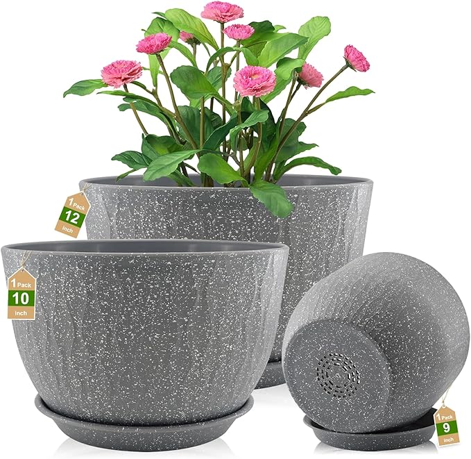 12/10/9 inch Plant Pots, 3 Pack Flower Pots for Outdoor Indoor Garden Plants, Large Planters with Multi Mesh Drainage Holes and Saucer (Speckled Grey, 12"+10"+9")