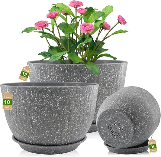 12/10/9 inch Plant Pots, 3 Pack Flower Pots for Outdoor Indoor Garden Plants, Large Planters with Multi Mesh Drainage Holes and Saucer (Speckled Grey, 12"+10"+9")