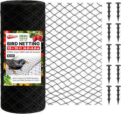 Heavy Duty Bird Netting for Garden Protection & Fruit Trees, 15x15 Ft with 10 Stakes – Black Anti-Bird Net for Poultry, Deer, & Squirrel Protection, Durable Nylon Mesh for Garden and Yard Use