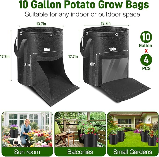4 Pack Potato Grow Bags 10 Gallon with Harvest & Visible Window Thickened Garden Bags to Grow Vegetables with Handles & Metal Grommets for LST, Fabric Pots for Growing Carrots, Tomatoes, Onions