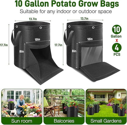 4 Pack Potato Grow Bags 10 Gallon with Harvest & Visible Window Thickened Garden Bags to Grow Vegetables with Handles & Metal Grommets for LST, Fabric Pots for Growing Carrots, Tomatoes, Onions