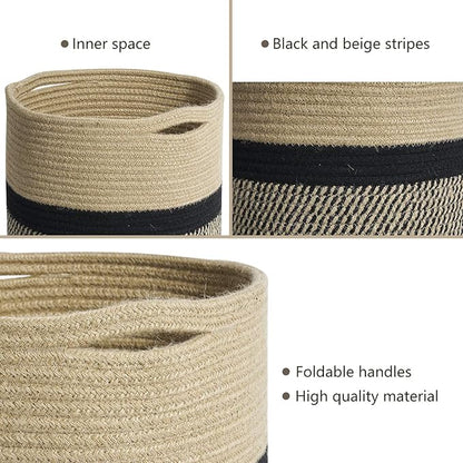 TIMEYARD Sturdy Jute Rope Plant Basket Modern Woven Basket for 11" Flower Pot Floor Indoor Planters, 12'' x 12'' Storage Organizer Baskets Rustic Home Decor, Black and Beige Stripes