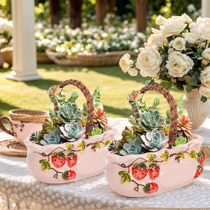 2 Pack Ceramic Succulent Planters, 7 Inch Shallow Bonsai Plant Pot with Handle Drainage Hole, Flower Container Bowl for Cactus Tree, Indoor Outdoor Office Decor, Strawberry Pattern