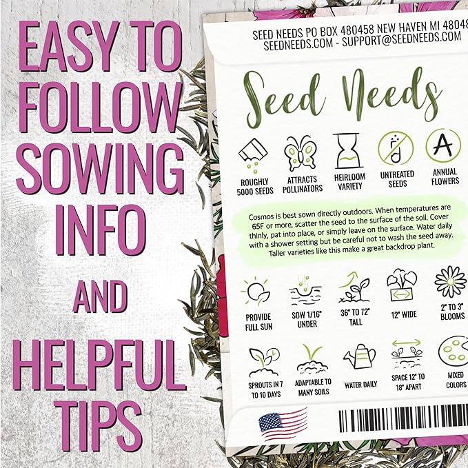 Seed Needs Cosmos Seeds for Planting Sensation Mix | 5,000+ Heirloom Seeds Open Pollinated Annual Cut Flower | Large Pink, White and Red Multicolored Mixed Blooms | Bulk