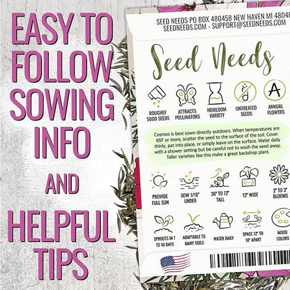 Seed Needs Cosmos Seeds for Planting Sensation Mix | 5,000+ Heirloom Seeds Open Pollinated Annual Cut Flower | Large Pink, White and Red Multicolored Mixed Blooms | Bulk