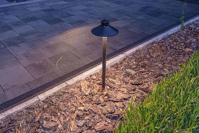 VOLT Flat Hat 12V Black Brass Path Light (7" Shade, 24" Tall) with 3W 2700K Warm White G4 LED Bulb for Low Voltage Landscape Lighting on Outdoor Pathway, Walkway, Garden, Driveway or Patio