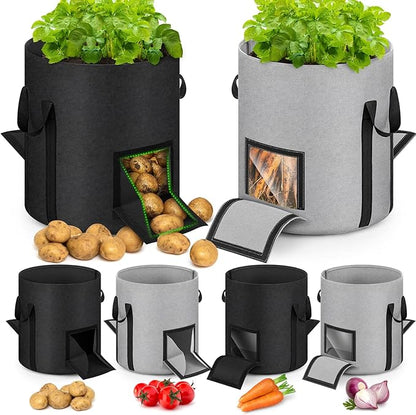 4 Pcs Upgraded Potato Grow Bags 10 Gallon with Harvest Window Visible Window Planting Bags Gardening Pots Thickened Nonwoven Planter for Growing Potato Tomato Vegetable (Black,Gray)