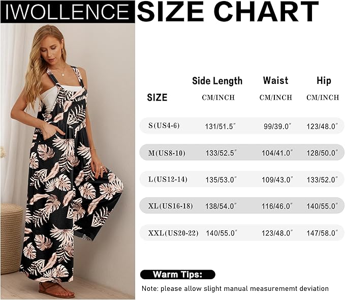 IWOLLENCE Women's Summer Jumpsuits Boho Wide Leg Overalls Casual Loose Rompers with Pockets 2025