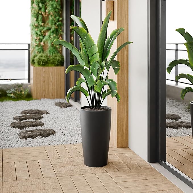 SnugNiture Set of 2 Round Tall Planters 22 Inch, Large Planter for Indoor Outdoor Plants, Modern Flower Pot Containers Large Decorative Tree Planter, Black