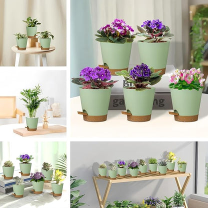 5 Pack 5 inch Self-Watering Pots, African Violets Planter with Drainage Holes and Reservoir, Green Brown Plastic Planter for Indoor Outdoor Plants Flowers and Houseplants Green Brown, 5 inch 5 pcs