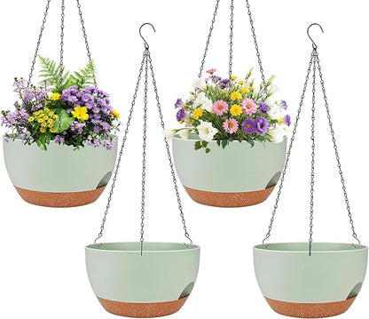 Set of 4-8 Inch Self Watering Hanging Planters for Indoor Outdoor，Hanging Plant Pots with Drainage & Removable Tray, Hanging Pots Holder for Ivy, Pothos, Ferns, Balcony & Patio, Green Brown