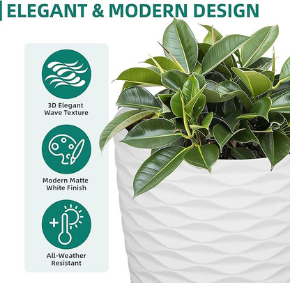 19" H Coastal Planter for Indoor/Outdoor Plants, Set of 2 Large Flower Pot with Drainage Hole, Weather/UV Resistant Resin Planters for Garden Patio Porch Home Office Decor, Matte White Wavy