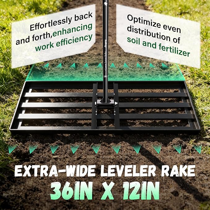 Lawn Leveling Rake 36X12 inch,78" Long Handle Level Rake ,Heavy Duty Yard Leveling Rakes Suit for Garden,Golf Lawn and Farm,Effort Saving Tool for Soil Grass Golf Field