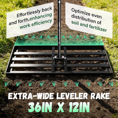 Lawn Leveling Rake 36X12 inch,78" Long Handle Level Rake ,Heavy Duty Yard Leveling Rakes Suit for Garden,Golf Lawn and Farm,Effort Saving Tool for Soil Grass Golf Field