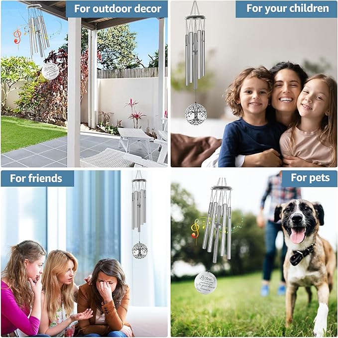 Sympathy Wind Chimes for Loss of Loved One, Memorial Windchimes for Lost Father Mother, Remembrance Bereavement Gift, in Memory of Dad Mom Metal Funeral Decor for Garden Outdoor (39“ Silver)