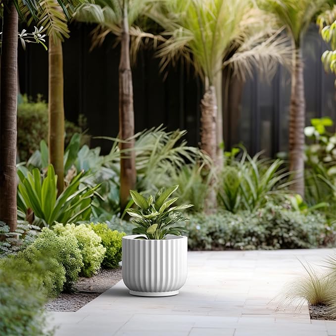 Kante Round Fulted Planter, 11 Inch Dia Large Concrete Plant Pots with Drainage Hole and Rubber Plug, Modern Decor for Indoor Outdoor Plants, Flower, White
