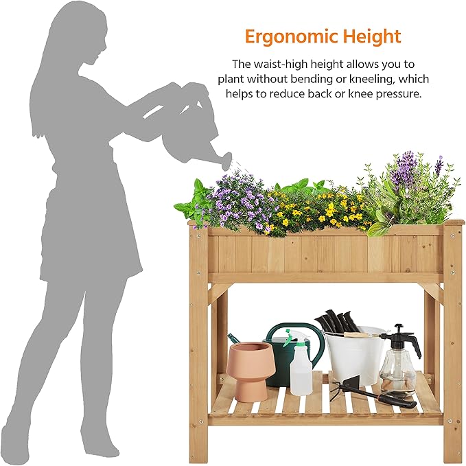 Topeakmart Wood Elevated Herb Garden Planters Vegetable Growing Bed Flower Plant Boxes for Small Spaces with Grow Grid, Fabric Liner, Protective Gloves & Legs
