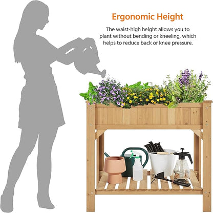 Topeakmart Wood Elevated Herb Garden Planters Vegetable Outdoor Growing Bed Flower Plant Boxes for Small Spaces with Grow Grid, Fabric Liner, Protective Gloves & Legs, 2pcs