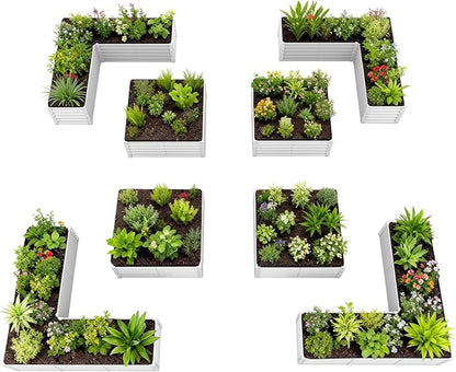 A ANLEOLIFE 8-Piece 18 Inch Tall Antique White Raised Garden Beds Kit, L-Shaped & Square Metal Planters – Ideal for Structured Backyard Layouts