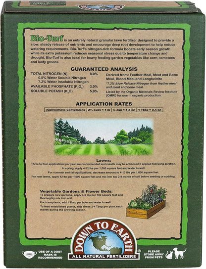Down To Earth All Natural Fertilizers Organic Bio-Turf Lawn Food for Grass, Landscape and Ornamentals - Works with Lawn Spreaders 8-3-5, 4 lb