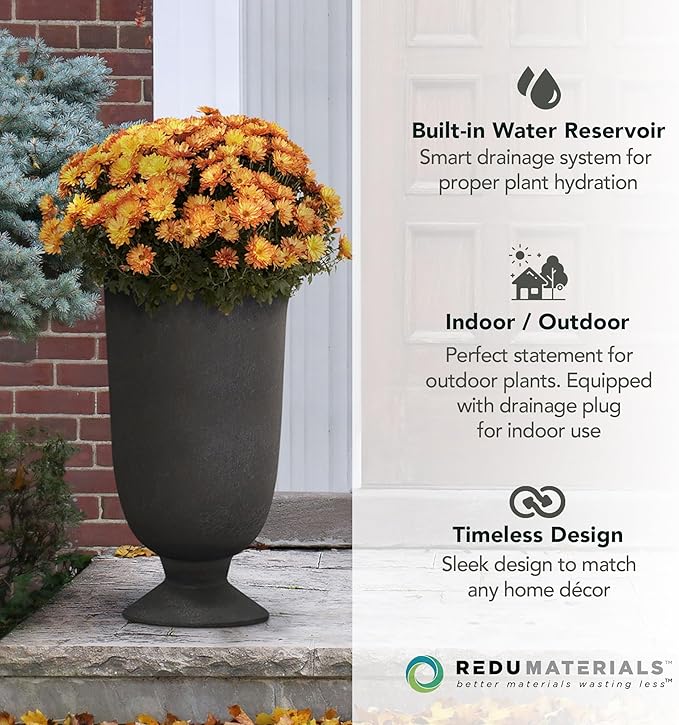 Tierra Verde Indoor & Outdoor Self-Watering Urn Planter, Cadence, 14" x 23", Black - Planting Containers for Plants and Flowers - Gardening and Landscaping Accessories