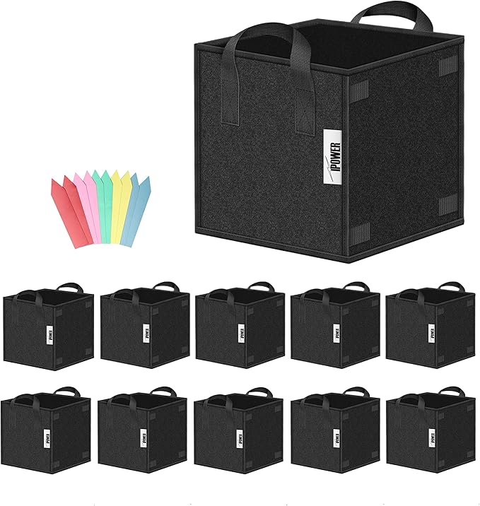 iPower 10 Pack 7 Gallon Square Grow Bags Thick Fabric Planting Pots with Handles for Indoor and Outdoor Garden, Black