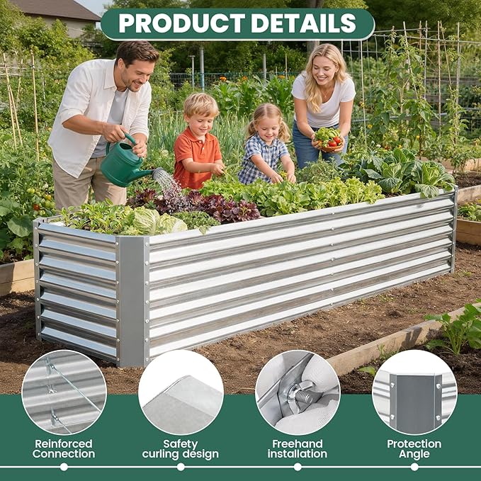 G GOOD GAIN 8x2x2 ft Galvanized Raised Garden Bed Kit, Large Metal Planter Box Outdoor for Vegetables, Flowers, Herbs, 24" Tall 240 Gallon Capacity Deep Root Design, Silver