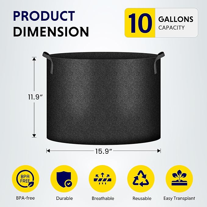 iPower 10 Pack 10 Gallon Grow Bags 300G Thickened Sturdy Plant Fabric Pots with 10 Labels and Handles, Aeration Garden Cloth Planter Bag for Outdoor Fruits, Vegetables and Flowers