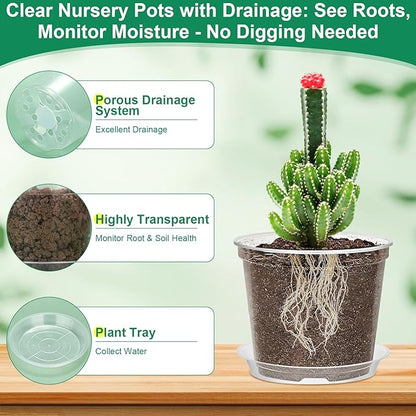 Jollidecor 35-Piece Clear Plastic Plant Nursery Pots with Drainage Holes and Saucers, 4 to 7 Inch Sizes