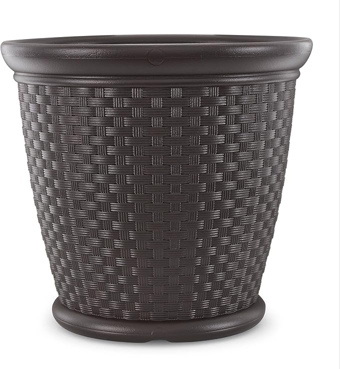 Suncast Sonora 4 Pack 22 Inch Plastic Wicker Indoor or Outdoor Decorative Garden Flower Planter for Entryways, Porch, and Backyard Patios, Dark Brown