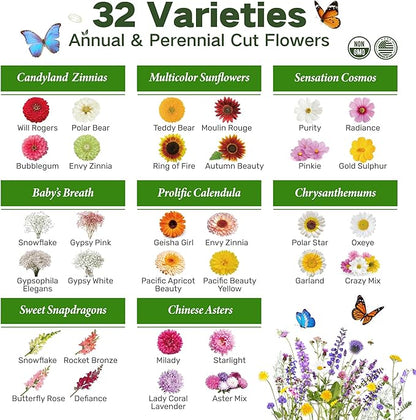 Lush&Dew Cut Flower Seed Bank, Gardening Gifts for Mom Women, 32 Varieties Non-GMO Annual & Perennial Wildflower Seeds for Planting in Raised Garden Bed, Home Garden, Zinnia Sunflower Zone 3-10