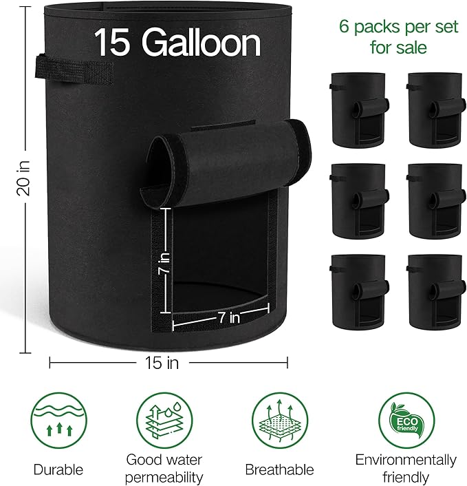 6-Pack 15 Gallon Potato Grow Bags – Durable Nonwoven Fabric Planters with Reinforced Handles | Reusable Garden Containers for Potatoes, Vegetables (Black, 15 Gallons/6 Pack)