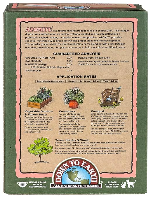 Down To Earth All Natural Fertilizers Organic Azomite Powder Trace Minerals - Essential Minerals for Improving Plant Growth 0-0-0.2, 5 lb
