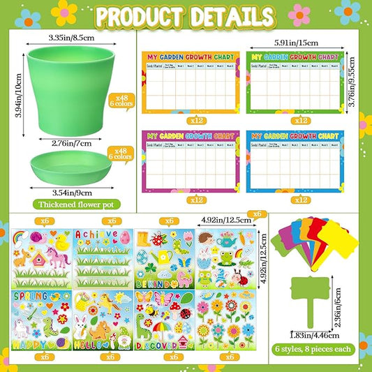 Capoda 48 Sets Garden Flower Pots Crafts Kit DIY Spring Plastic Seedling Nursery Pots with Stickers Plant Labels Growth Charts Planting Growing Tools Classroom Activities Project Gifts (Colorful)