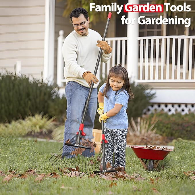 Adjustable Garden Leaf Rake for Lawns - Heavy Duty Metal With 18 Clog-Free Tines, 9"-17" Collapsible Head, 75 in Long Handle - Yard Tools for Gardening, Camping, Fast Cleanup