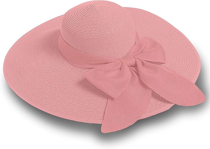 Women's Wide Brim UPF 50+ Straw Sun Hat with Bow - Foldable Packable Summer Beach Hat with Chin Strap