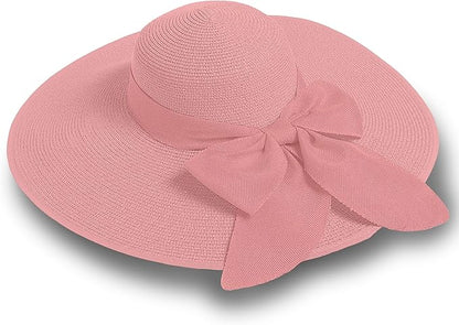 Women's Wide Brim UPF 50+ Straw Sun Hat with Bow - Foldable Packable Summer Beach Hat with Chin Strap