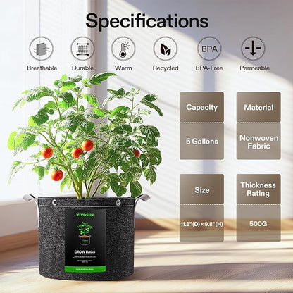 VIVOSUN 5-Pack 5 Gallon Grow Bags, 500G Thick Nonwoven Fabric Pots with Strap Handles, Multi-Purpose Rings, for Low Stress Plant Training Fruits, Vegetables, and Flowers