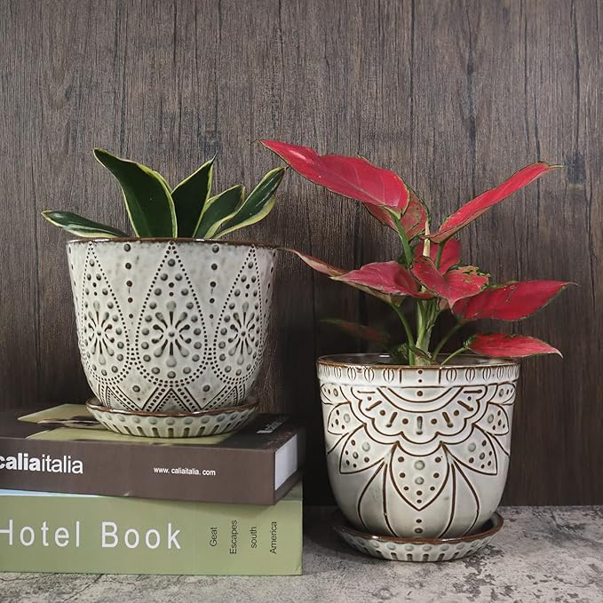 Gepege 6 Inch Beaded Ceramic Planter Set of 2 with Drainage Hole and Saucer for Plants, Indoor-Outdoor Large Round Succulent Orchid Flower Pot (Smoked Gray, Inner-pots not Larger Than 5 Inch)